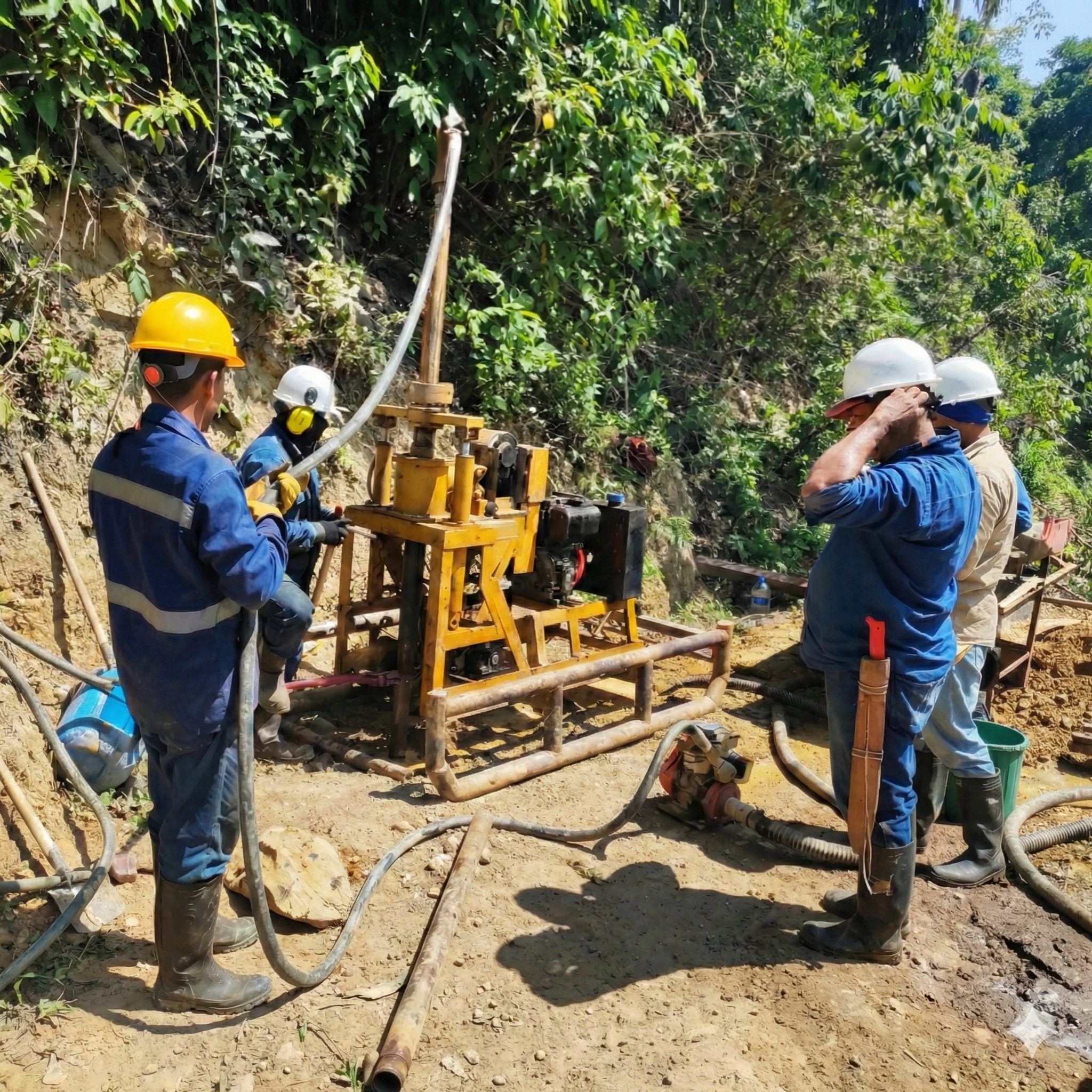 Ingeniero geofísico realizando aforo de caudal en río Colombia